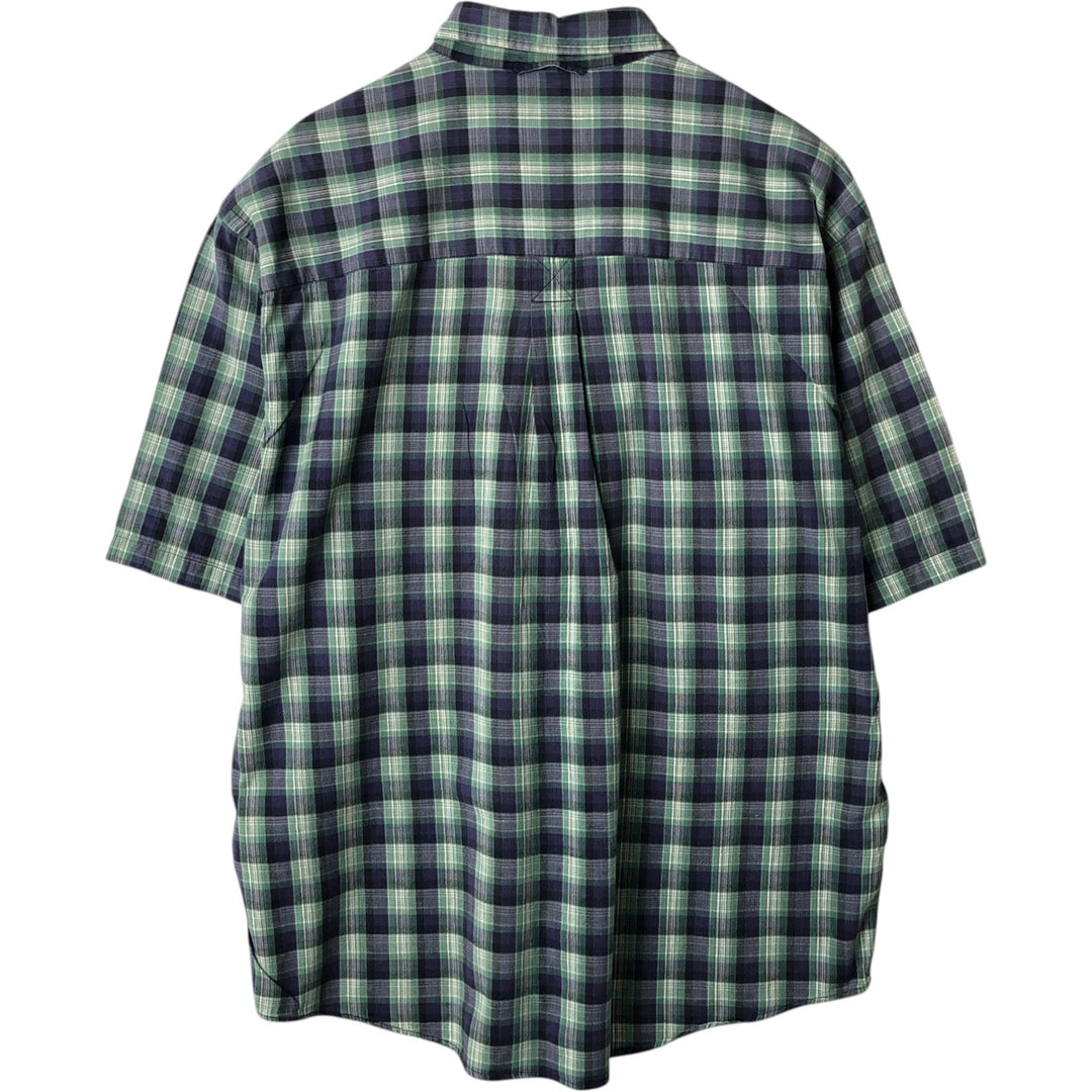Eddie Bauer short sleeve button down check shirt, men's size L cotton navy blue type Vintage Second Hand
