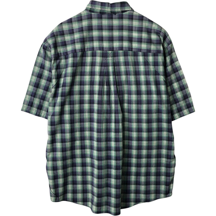 Eddie Bauer short sleeve button down check shirt, men's size L cotton navy blue type Vintage Second Hand