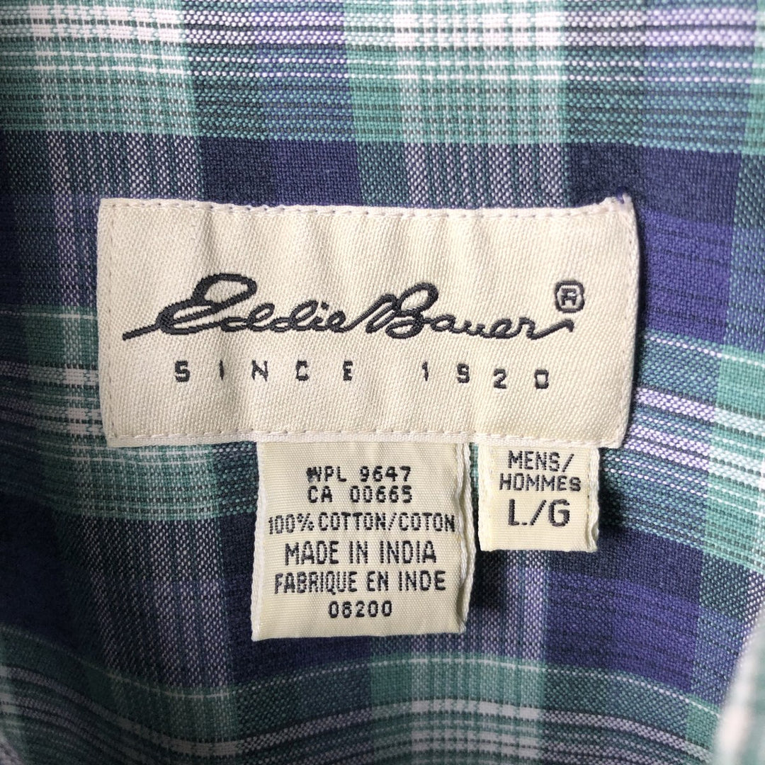Eddie Bauer short sleeve button down check shirt, men's size L cotton navy blue type Vintage Second Hand