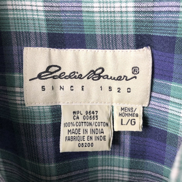 Eddie Bauer short sleeve button down check shirt, men's size L cotton navy blue type Vintage Second Hand