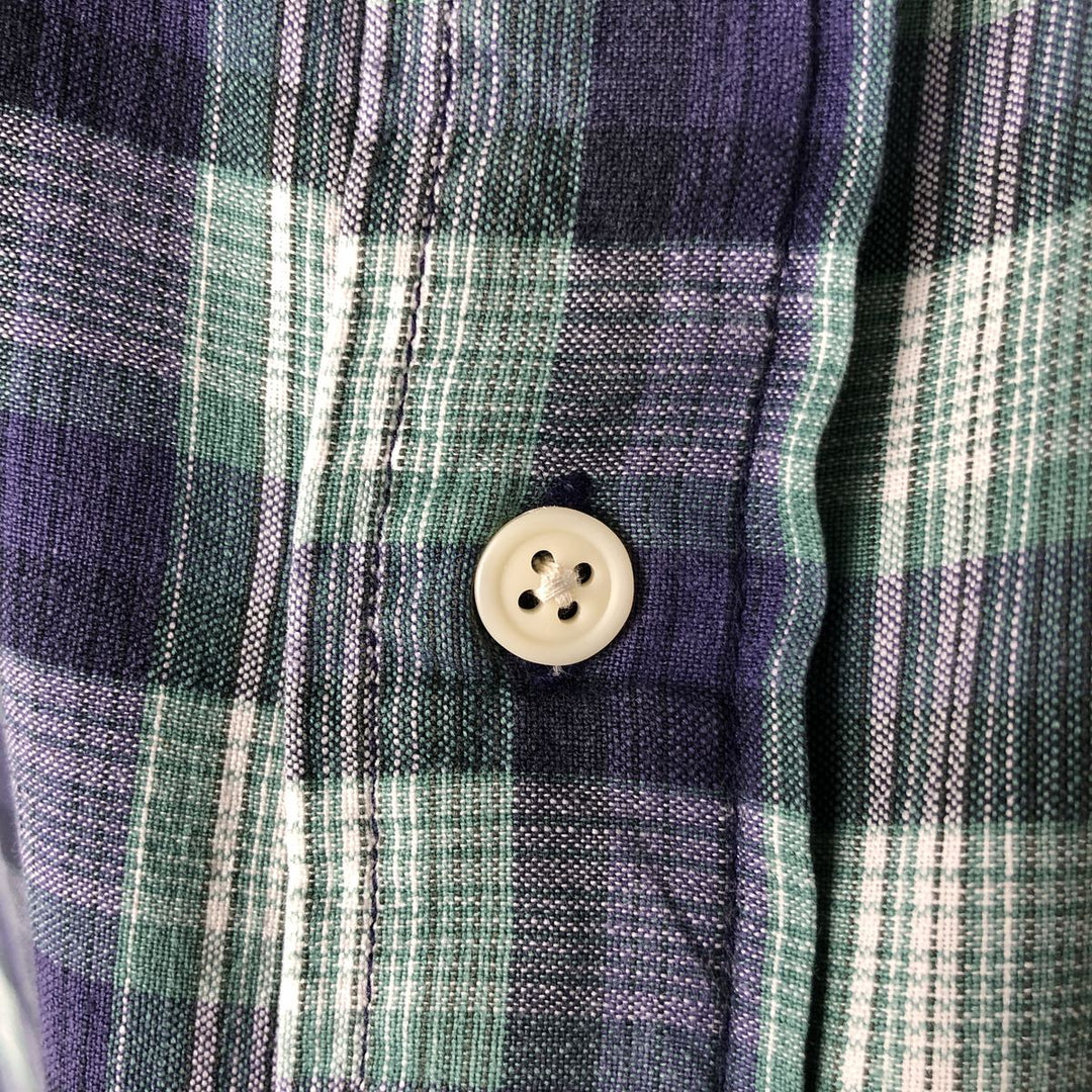Eddie Bauer short sleeve button down check shirt, men's size L cotton navy blue type Vintage Second Hand
