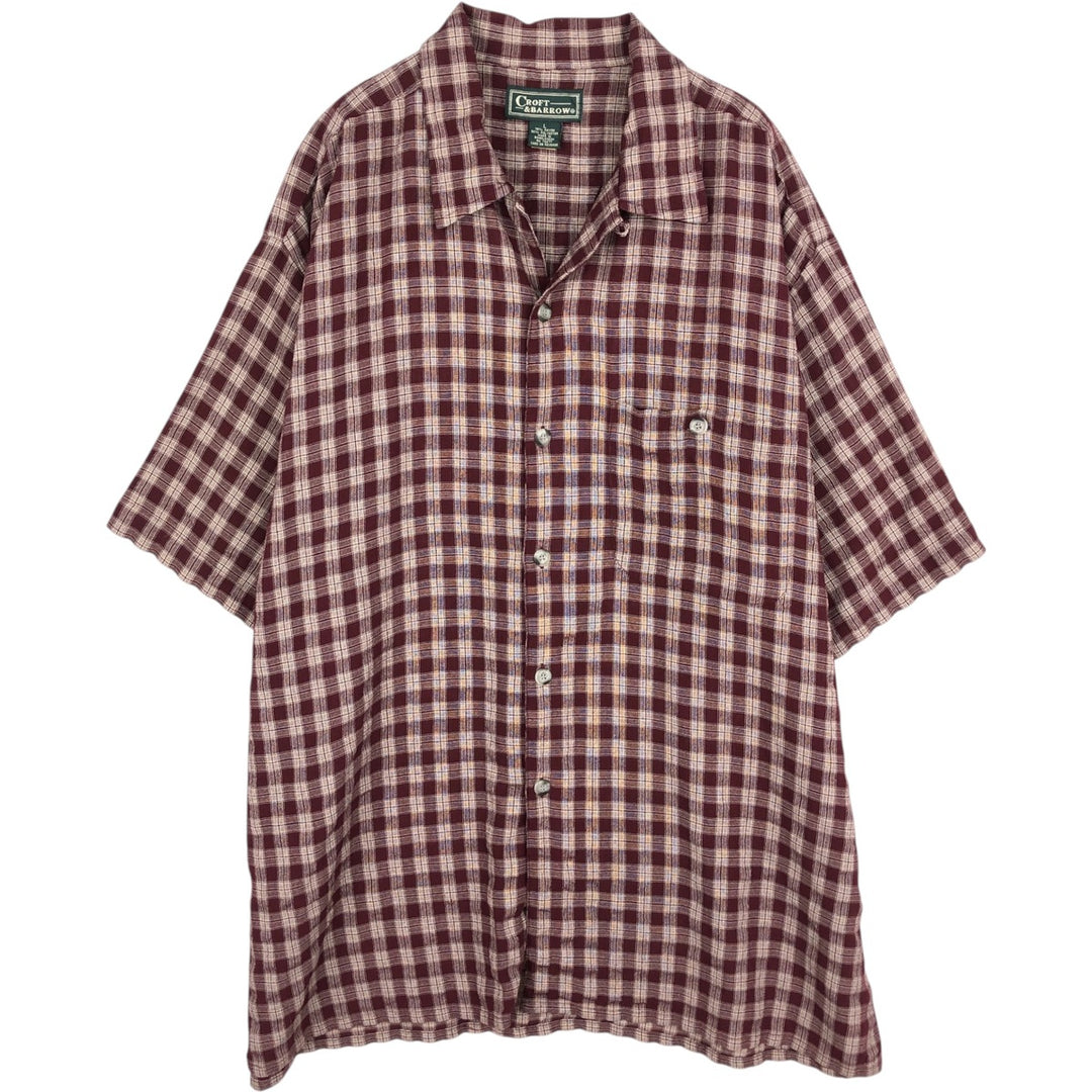 CROFT and BARROW Check Pattern Short-Sleeve Open Collar Rayon Shirt, Boxy Fit, Men's Size L Rayon wine-red Vintage Second Hand