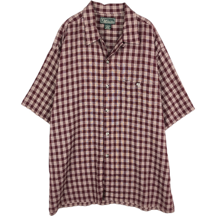 CROFT and BARROW Check Pattern Short-Sleeve Open Collar Rayon Shirt, Boxy Fit, Men's Size L Rayon wine-red Vintage Second Hand