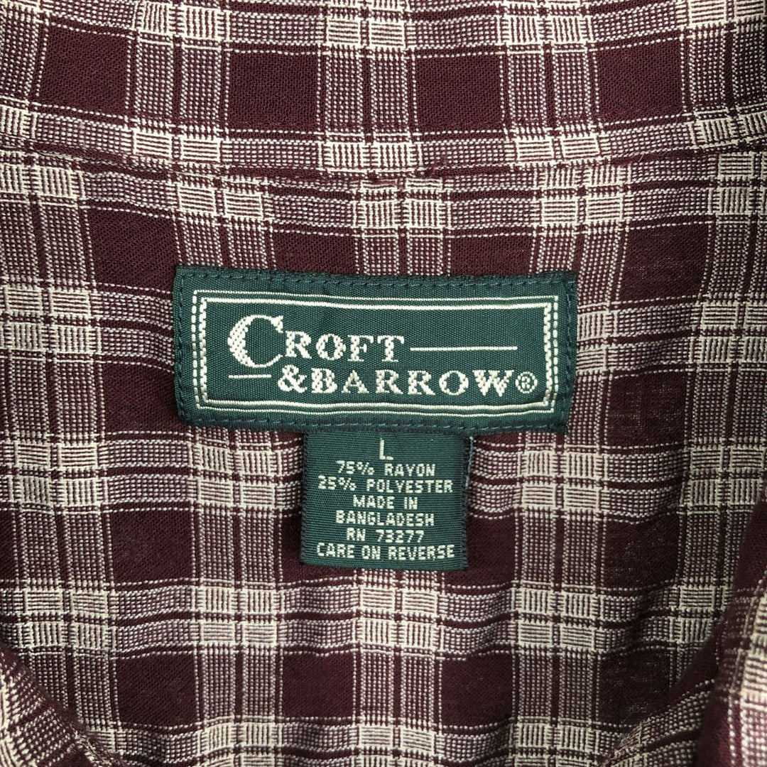 CROFT and BARROW Check Pattern Short-Sleeve Open Collar Rayon Shirt, Boxy Fit, Men's Size L Rayon wine-red Vintage Second Hand