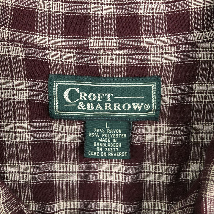 CROFT and BARROW Check Pattern Short-Sleeve Open Collar Rayon Shirt, Boxy Fit, Men's Size L Rayon wine-red Vintage Second Hand