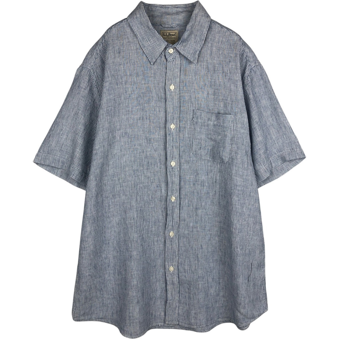 90s-00'S LLBean SLIGHTLY FITTED Stripe Pattern Short-Sleeve Linen Shirt, Men's Size L (approx.) linen blue type Vintage Second Hand