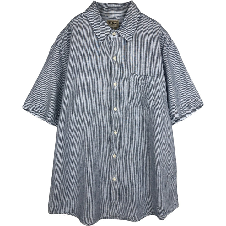 90s-00'S LLBean SLIGHTLY FITTED Stripe Pattern Short-Sleeve Linen Shirt, Men's Size L (approx.) linen blue type Vintage Second Hand
