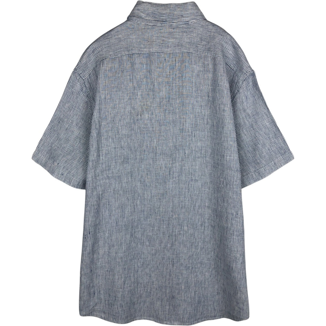 90s-00'S LLBean SLIGHTLY FITTED Stripe Pattern Short-Sleeve Linen Shirt, Men's Size L (approx.) linen blue type Vintage Second Hand
