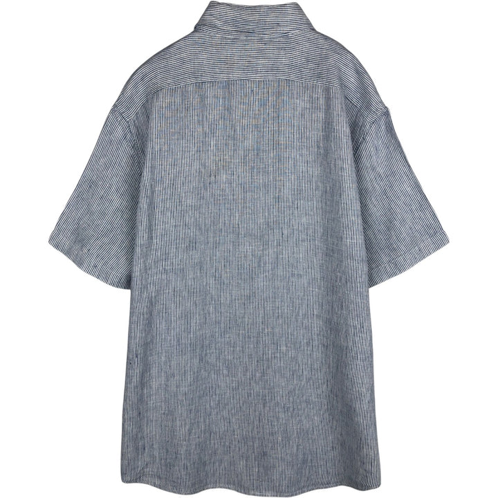 90s-00'S LLBean SLIGHTLY FITTED Stripe Pattern Short-Sleeve Linen Shirt, Men's Size L (approx.) linen blue type Vintage Second Hand