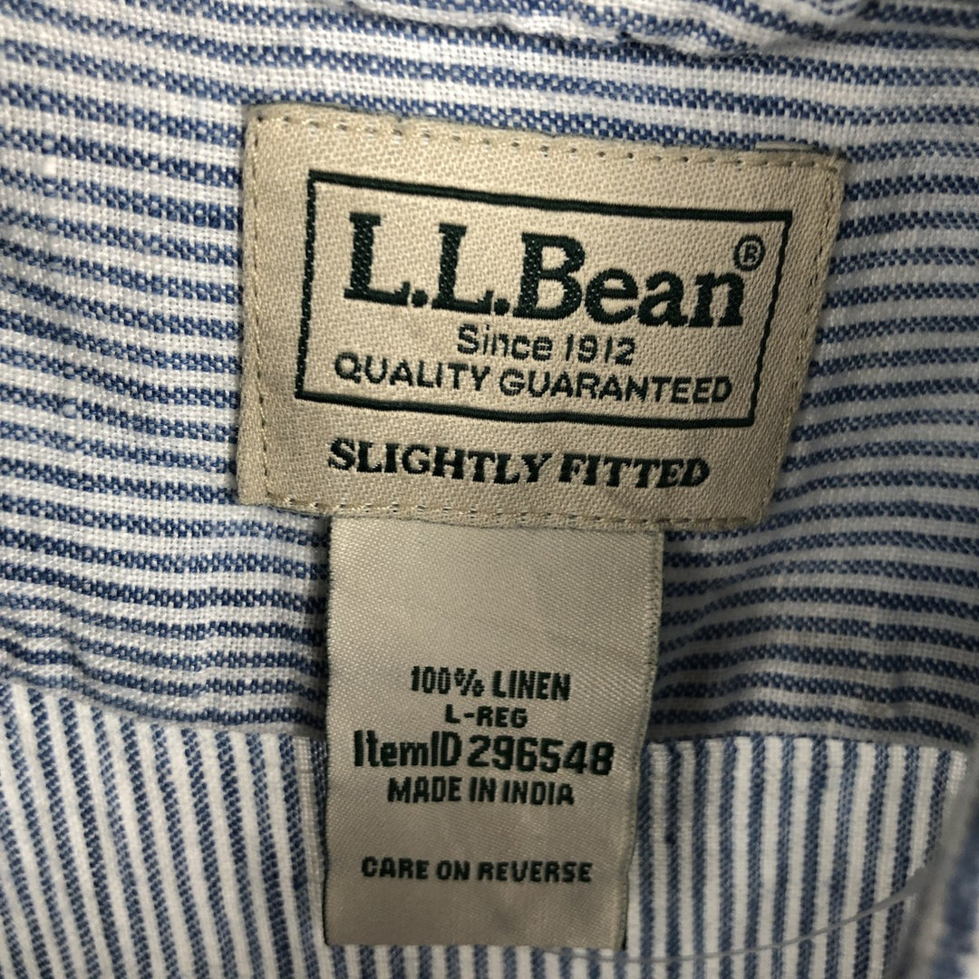90s-00'S LLBean SLIGHTLY FITTED Stripe Pattern Short-Sleeve Linen Shirt, Men's Size L (approx.) linen blue type Vintage Second Hand