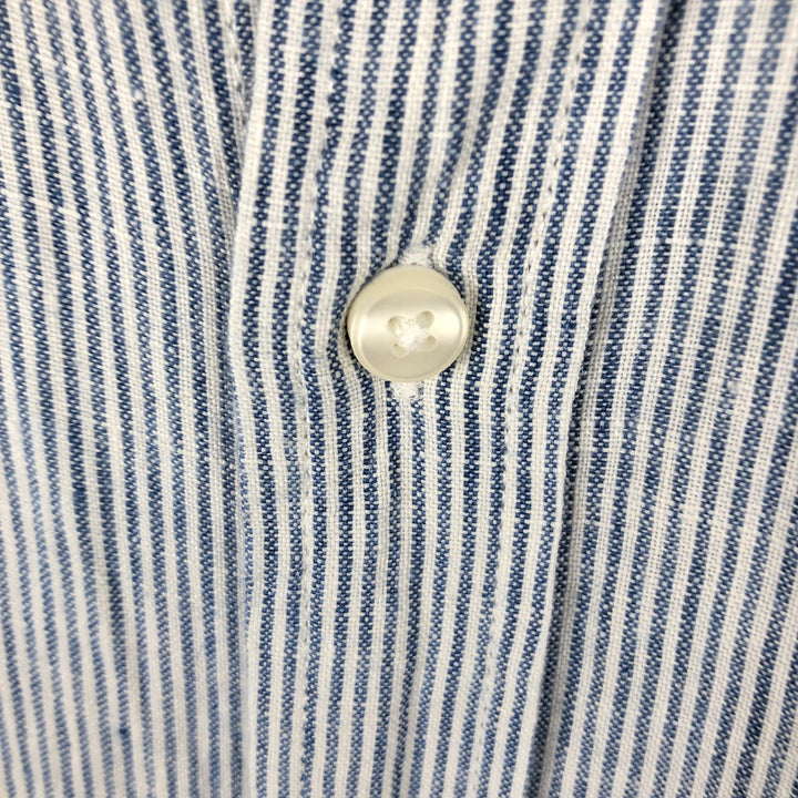 90s-00'S LLBean SLIGHTLY FITTED Stripe Pattern Short-Sleeve Linen Shirt, Men's Size L (approx.) linen blue type Vintage Second Hand