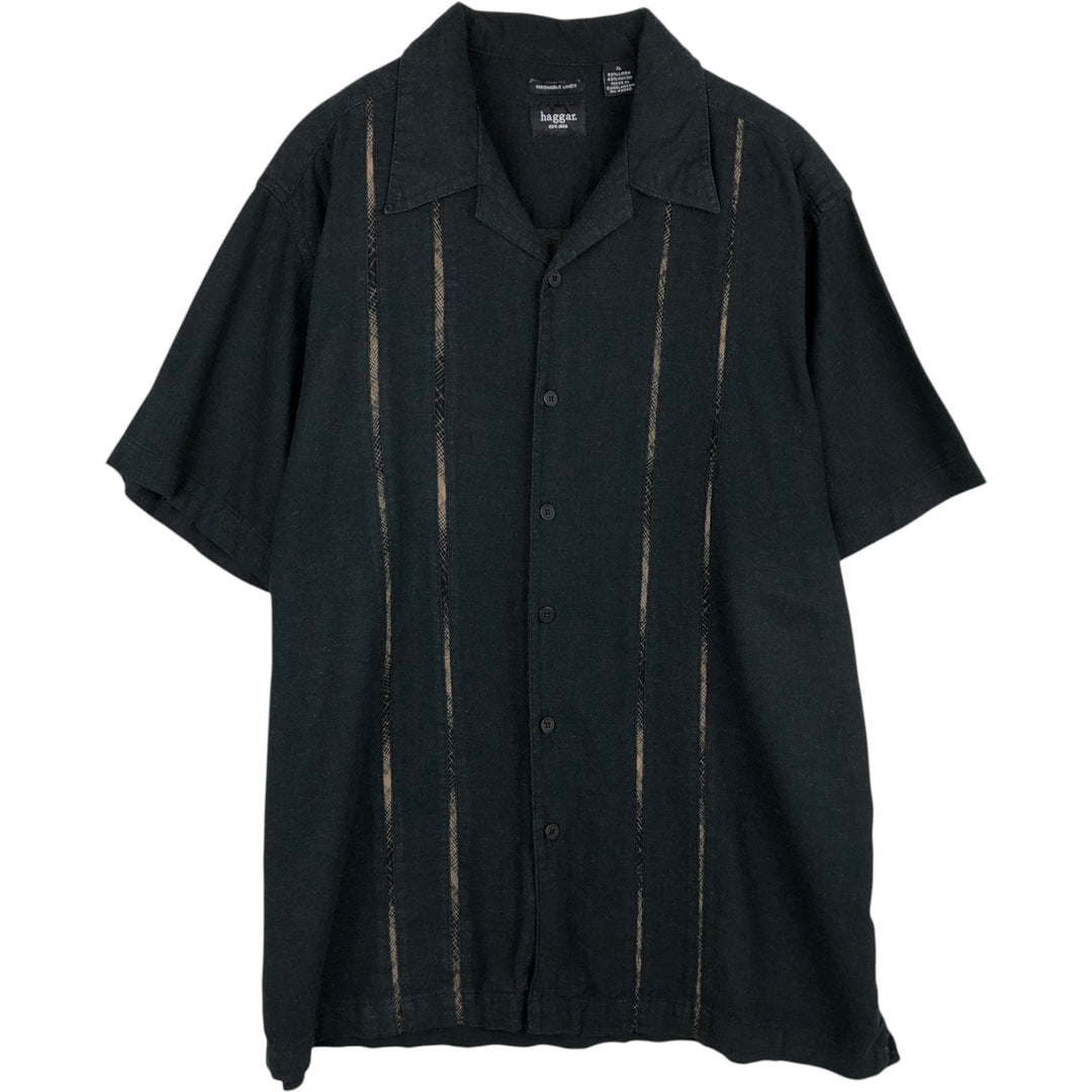HAGGAR Short-Sleeve Open-Collar Rayon x Linen Shirt, Boxy Fit, Men's Size XL (approx.) linen black type Vintage Second Hand
