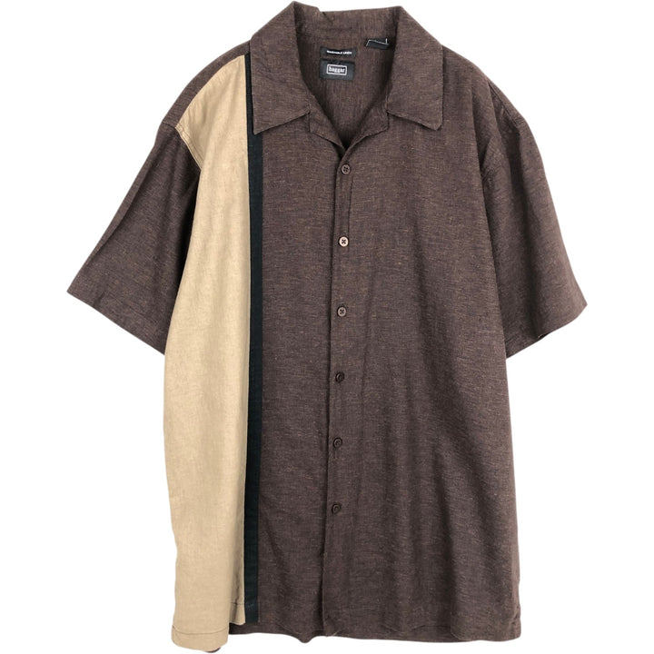 HAGGAR Short-Sleeve Open-Collar Rayon x Linen Shirt, Boxy Fit, Men's Size L (approx.) linen brown type Vintage Second Hand