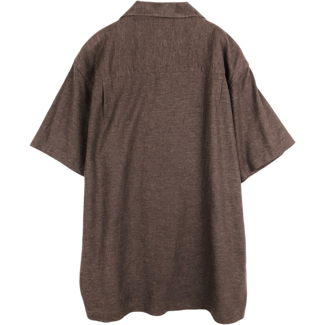 HAGGAR Short-Sleeve Open-Collar Rayon x Linen Shirt, Boxy Fit, Men's Size L (approx.) linen brown type Vintage Second Hand
