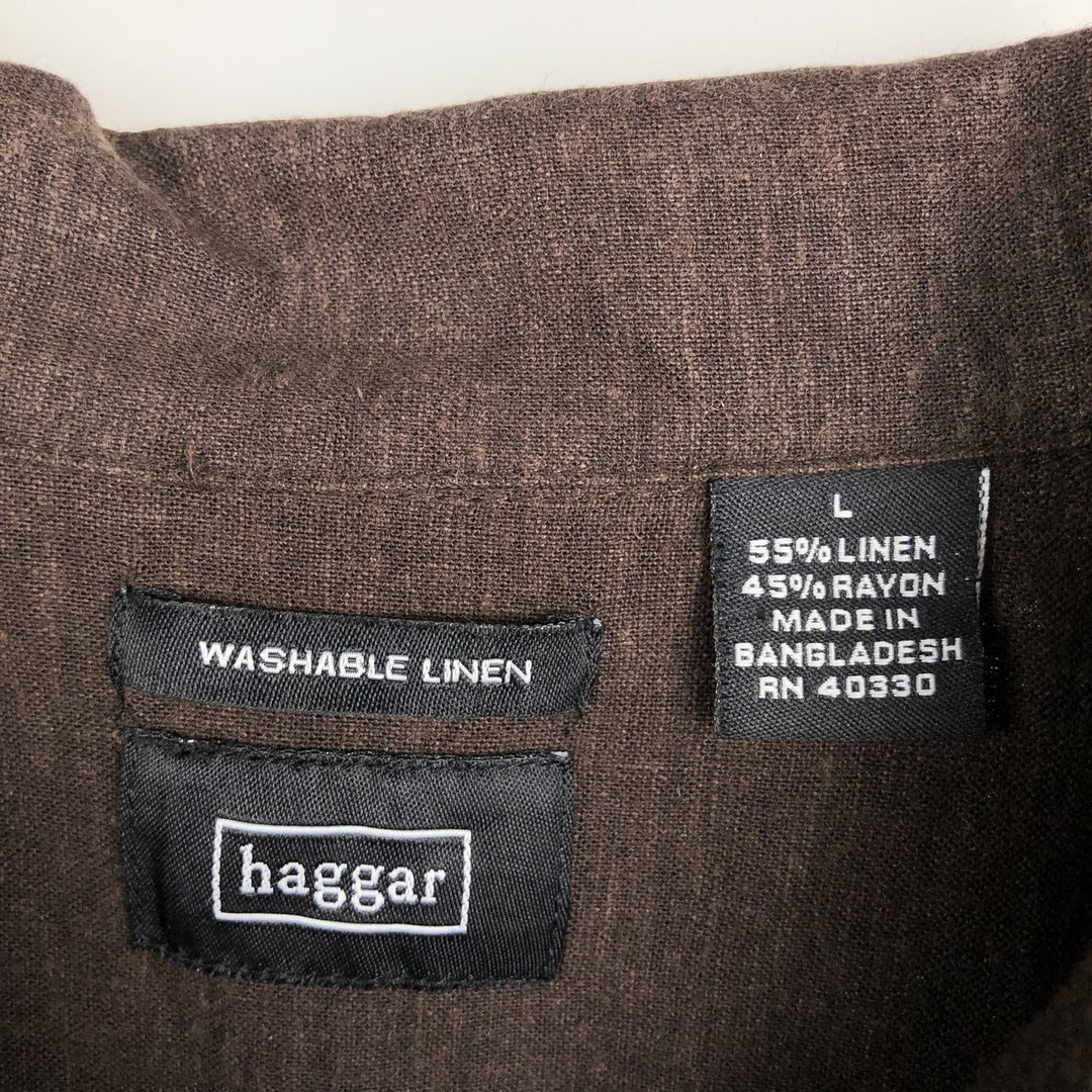 HAGGAR Short-Sleeve Open-Collar Rayon x Linen Shirt, Boxy Fit, Men's Size L (approx.) linen brown type Vintage Second Hand