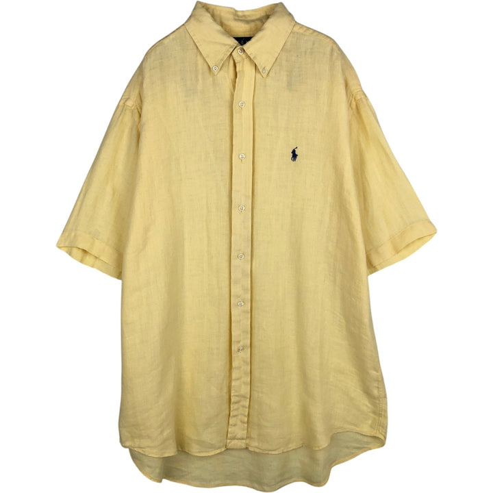 Ralph Lauren BLAKE Herringbone Short-Sleeve Linen Button-Down Shirt, Men's Size M (approx.) linen yellow type Vintage Second Hand