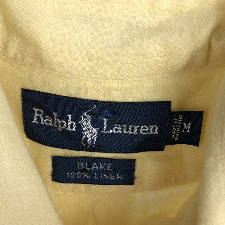 Ralph Lauren BLAKE Herringbone Short-Sleeve Linen Button-Down Shirt, Men's Size M (approx.) linen yellow type Vintage Second Hand