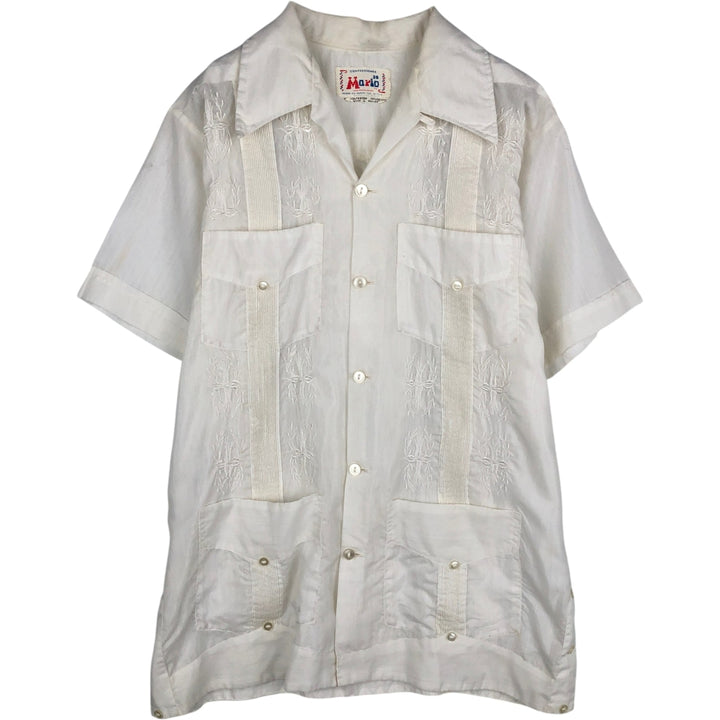 1970s-era MARIO short-sleeved open-collar Mexican shirt, Cuban shirt, boxy shirt, men's size M equivalent, vintage. polyester white type Vintage Second Hand