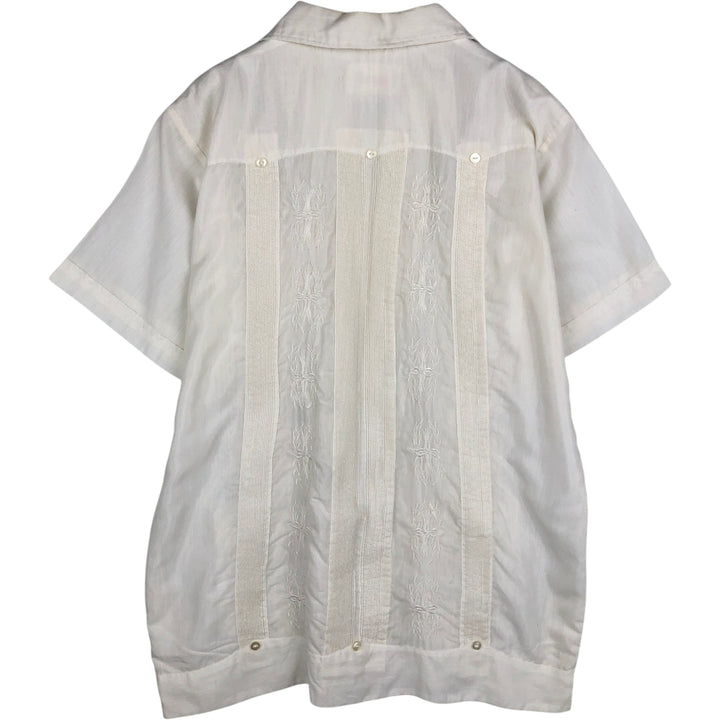 1970s-era MARIO short-sleeved open-collar Mexican shirt, Cuban shirt, boxy shirt, men's size M equivalent, vintage. polyester white type Vintage Second Hand