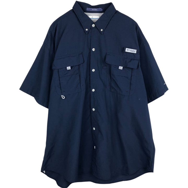 Columbia PFG OMNI-SHADE Short-Sleeve Button-Down Fishing Shirt, Men's Size XL (approx.) Nylon navy blue type Vintage Second Hand