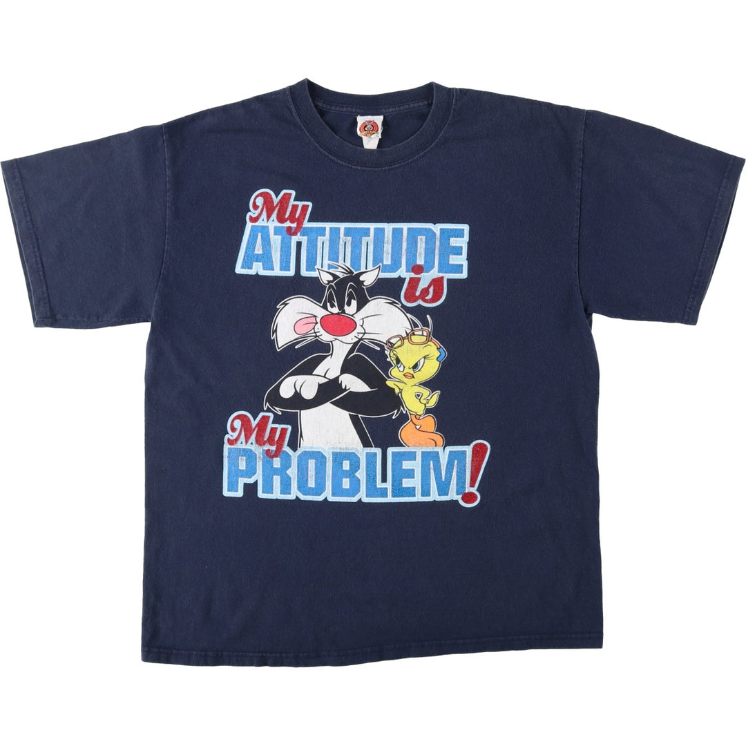 90'S Looney Tunes Sylvester Cat Tweety Character Print T-Shirt (Women's Size L) cotton navy blue type Vintage Second Hand