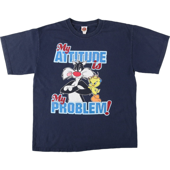 90'S Looney Tunes Sylvester Cat Tweety Character Print T-Shirt (Women's Size L) cotton navy blue type Vintage Second Hand