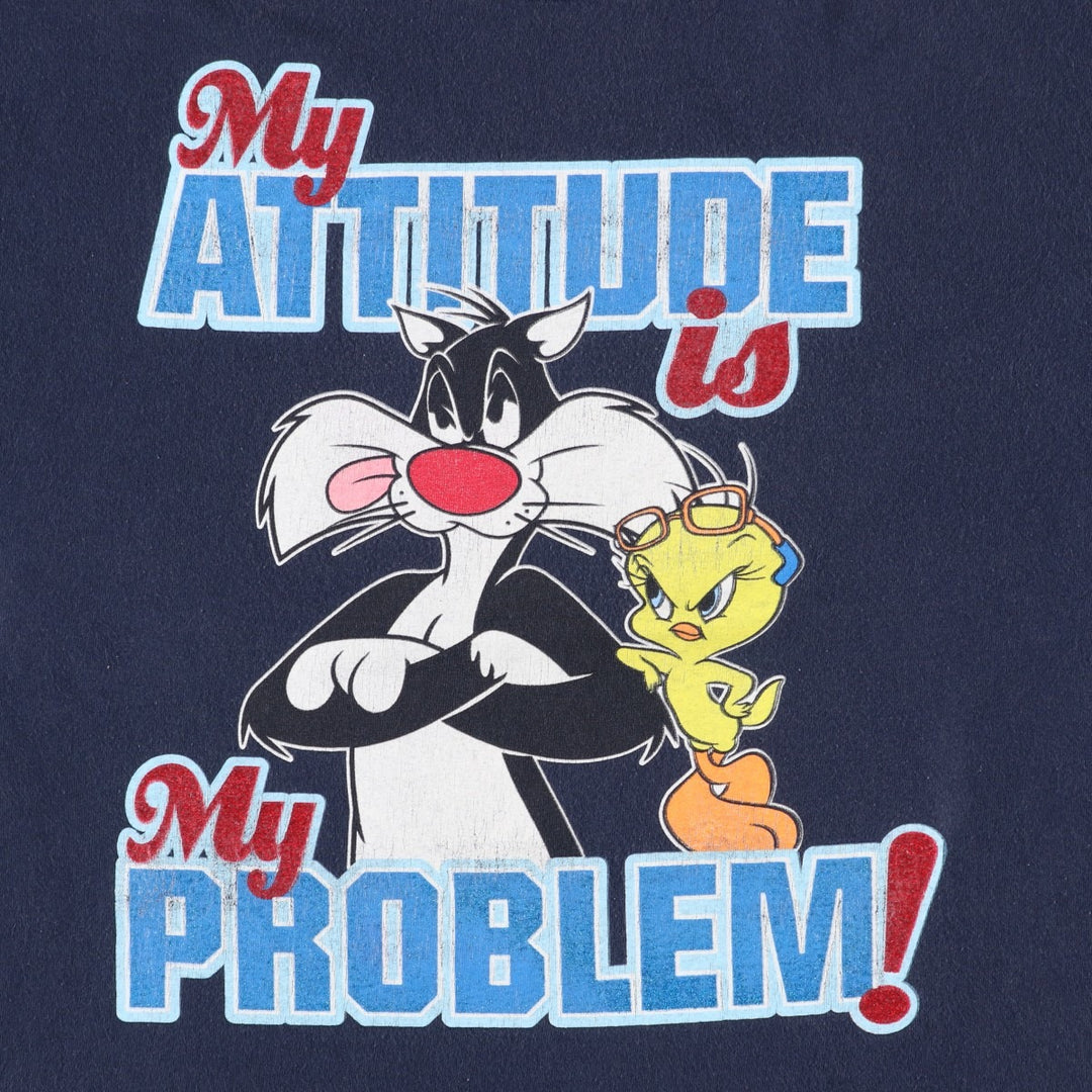90'S Looney Tunes Sylvester Cat Tweety Character Print T-Shirt (Women's Size L) cotton navy blue type Vintage Second Hand