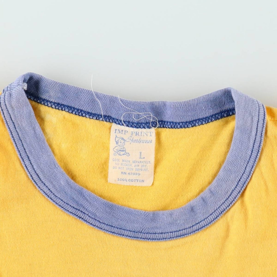 80s-era IMP PRINT Sportswear Triple Print Two-Tone College T-Shirt, Women's Size L (Equivalent), Vintage cotton yellow type Vintage Second Hand