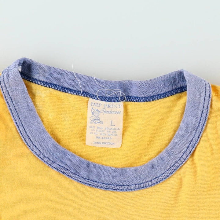 80s-era IMP PRINT Sportswear Triple Print Two-Tone College T-Shirt, Women's Size L (Equivalent), Vintage cotton yellow type Vintage Second Hand