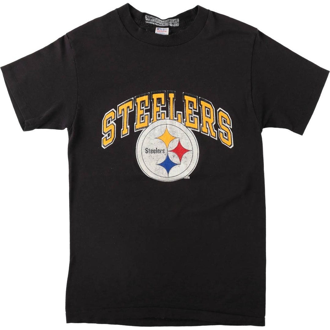 80'S Champion Tricolor Tag NFL Pittsburgh Steelers Sports Print T-Shirt, Made in USA, Women's Size M (approx.) polyester black type Vintage Second Hand