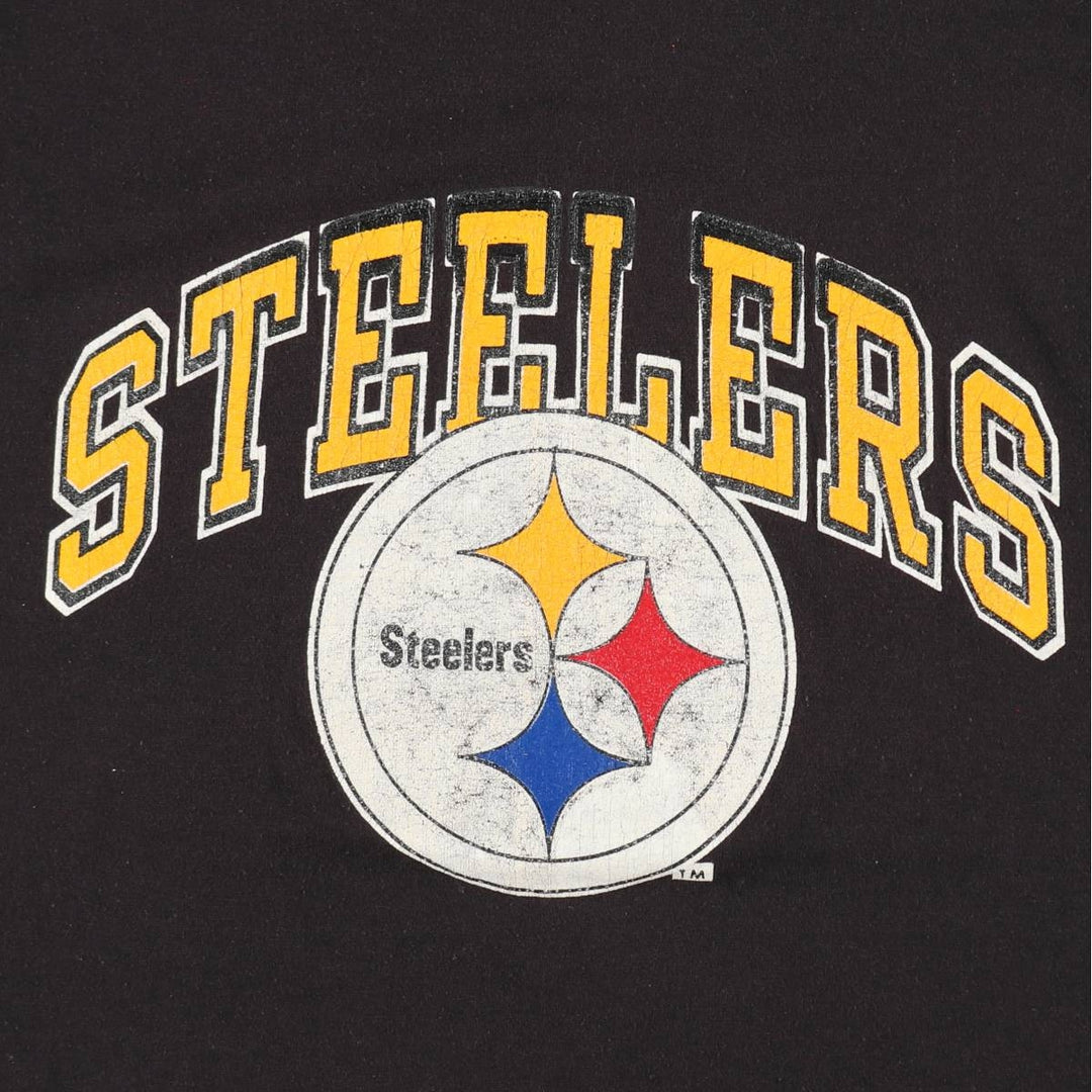 80'S Champion Tricolor Tag NFL Pittsburgh Steelers Sports Print T-Shirt, Made in USA, Women's Size M (approx.) polyester black type Vintage Second Hand