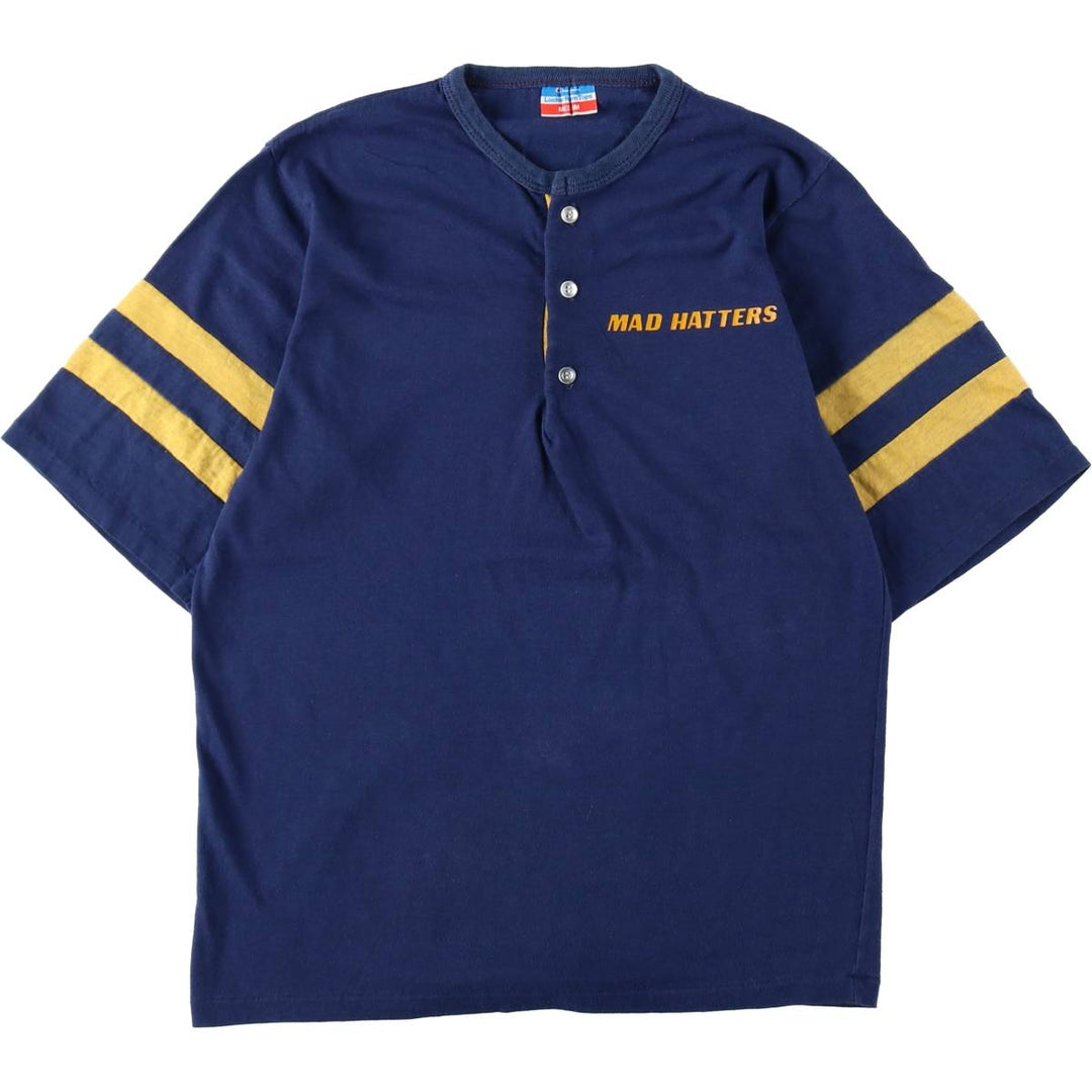 70'S Champion Locker Room Tops Henley Neck Sport Print T-Shirt, Made in USA, Women's Size M (approx.), Vintage polyester navy blue type Vintage Second Hand