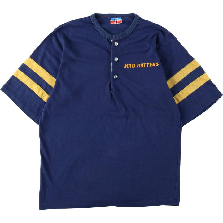 70'S Champion Locker Room Tops Henley Neck Sport Print T-Shirt, Made in USA, Women's Size M (approx.), Vintage polyester navy blue type Vintage Second Hand