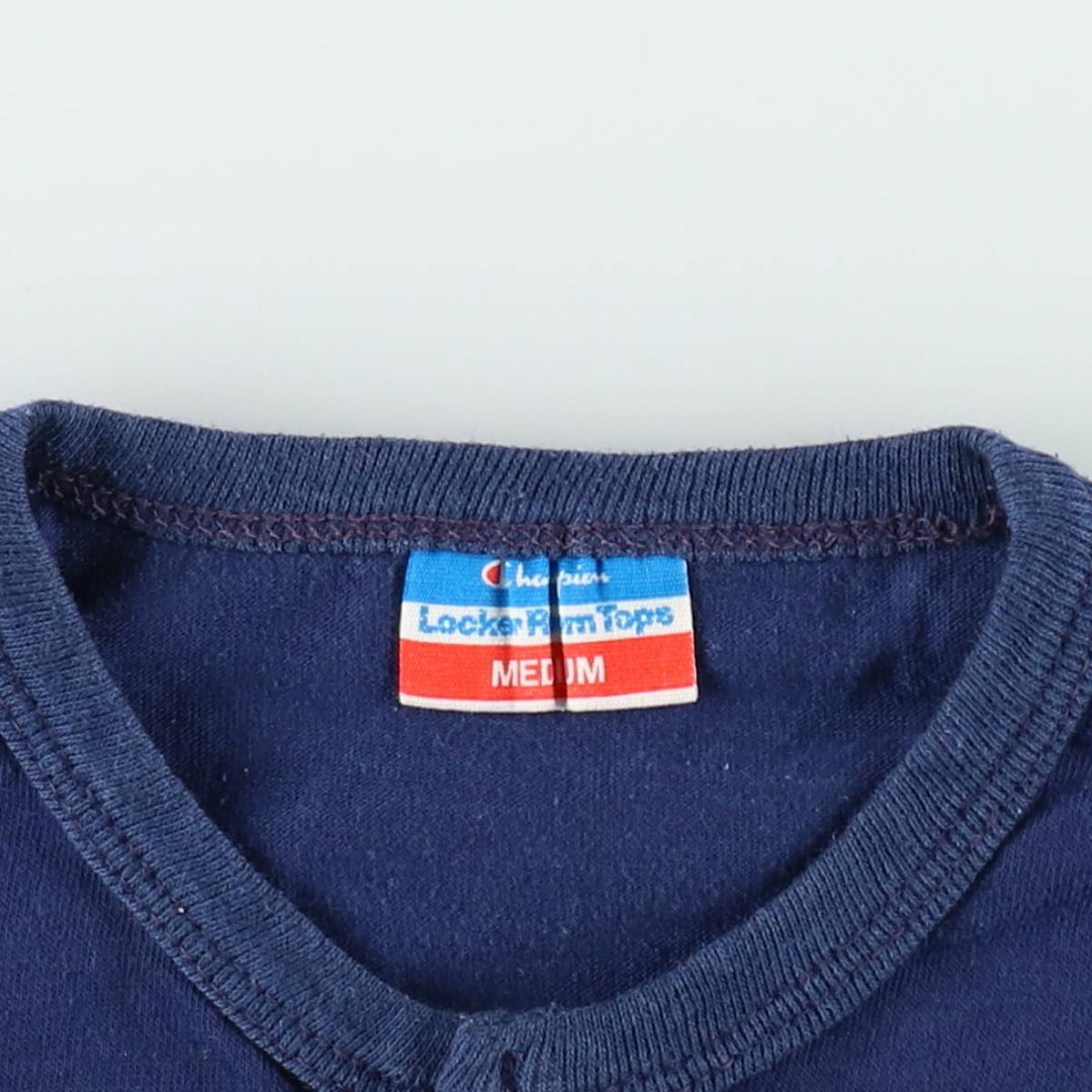 70'S Champion Locker Room Tops Henley Neck Sport Print T-Shirt, Made in USA, Women's Size M (approx.), Vintage polyester navy blue type Vintage Second Hand