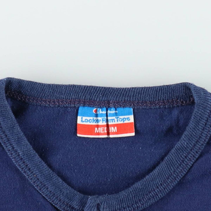 70'S Champion Locker Room Tops Henley Neck Sport Print T-Shirt, Made in USA, Women's Size M (approx.), Vintage polyester navy blue type Vintage Second Hand