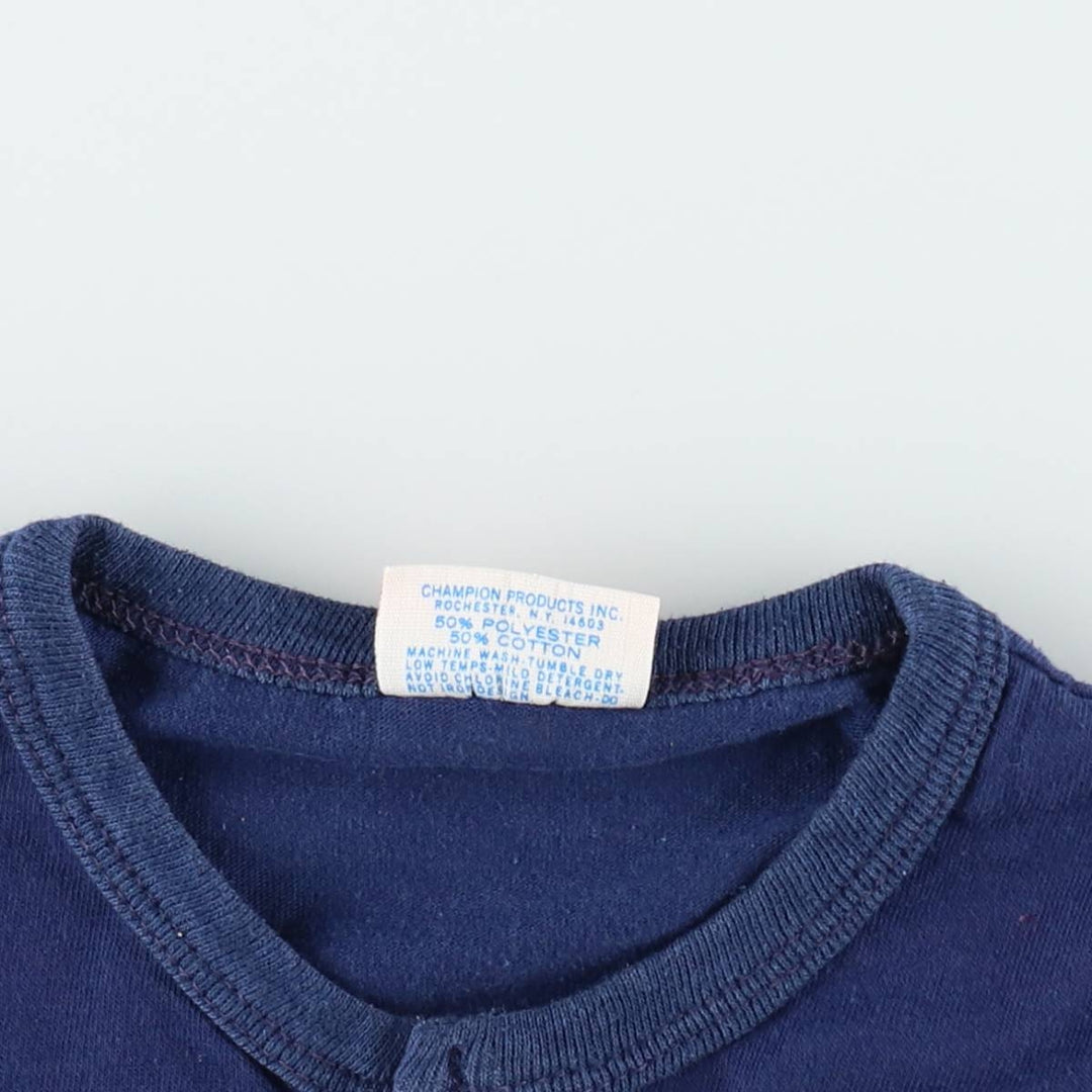 70'S Champion Locker Room Tops Henley Neck Sport Print T-Shirt, Made in USA, Women's Size M (approx.), Vintage polyester navy blue type Vintage Second Hand