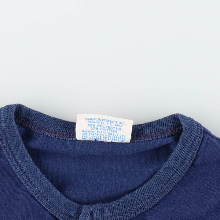 70'S Champion Locker Room Tops Henley Neck Sport Print T-Shirt, Made in USA, Women's Size M (approx.), Vintage polyester navy blue type Vintage Second Hand