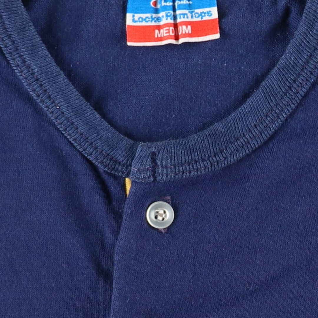 70'S Champion Locker Room Tops Henley Neck Sport Print T-Shirt, Made in USA, Women's Size M (approx.), Vintage polyester navy blue type Vintage Second Hand