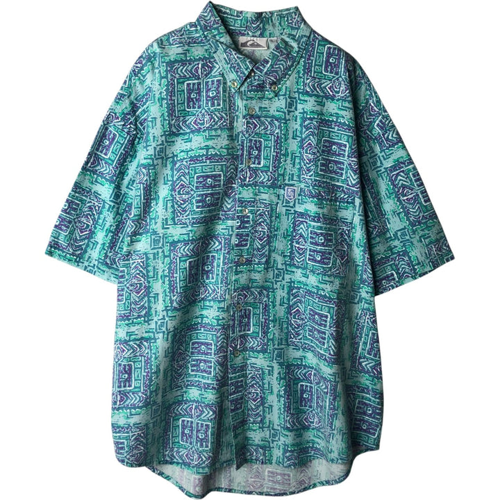 QUIKSILVER All-over print button-down Hawaiian Aloha shirt, boxy style, men's size L. cotton Emerald green Vintage Second Hand