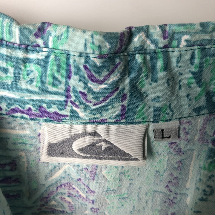 QUIKSILVER All-over print button-down Hawaiian Aloha shirt, boxy style, men's size L. cotton Emerald green Vintage Second Hand