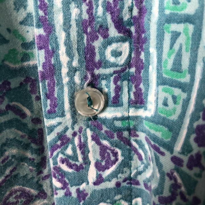 QUIKSILVER All-over print button-down Hawaiian Aloha shirt, boxy style, men's size L. cotton Emerald green Vintage Second Hand