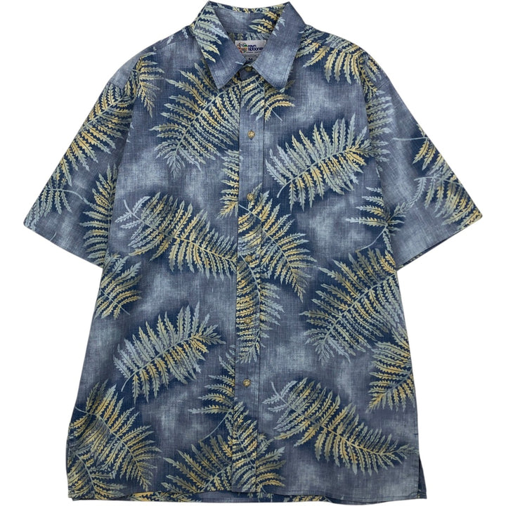 90'S Reyn Spooner swimwear tag, bikini tag, all-over leaf pattern, Hawaiian Aloha shirt, boxy shirt, men's size M (approx.) cotton blue type Vintage Second Hand