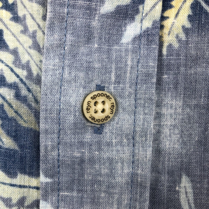 90'S Reyn Spooner swimwear tag, bikini tag, all-over leaf pattern, Hawaiian Aloha shirt, boxy shirt, men's size M (approx.) cotton blue type Vintage Second Hand