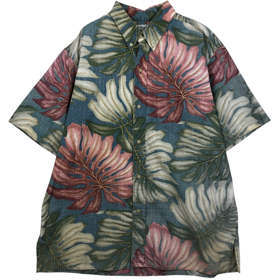 90'S Reyn Spooner swimwear tag, bikini tag, all-over leaf pattern, button-down Aloha shirt, boxy shirt, men's size XL equivalent. cotton blue type Vintage Second Hand