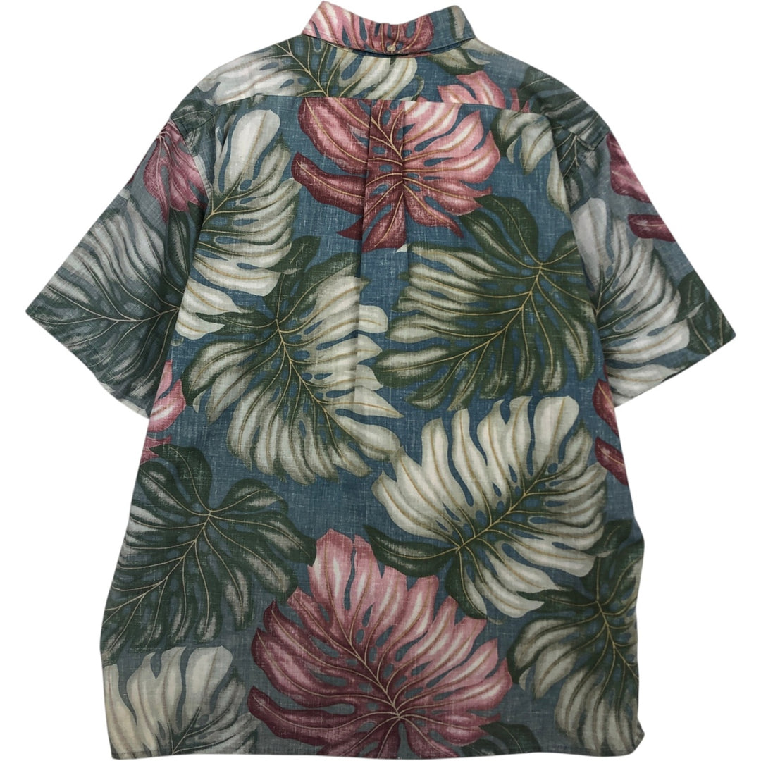 90'S Reyn Spooner swimwear tag, bikini tag, all-over leaf pattern, button-down Aloha shirt, boxy shirt, men's size XL equivalent. cotton blue type Vintage Second Hand