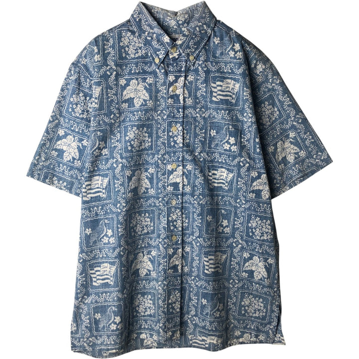 90'S Reyn Spooner swimwear, bikini tag, all-over print, Lahaina sailor, button-down, Hawaiian aloha shirt, boxy shirt cotton blue type Vintage Second Hand