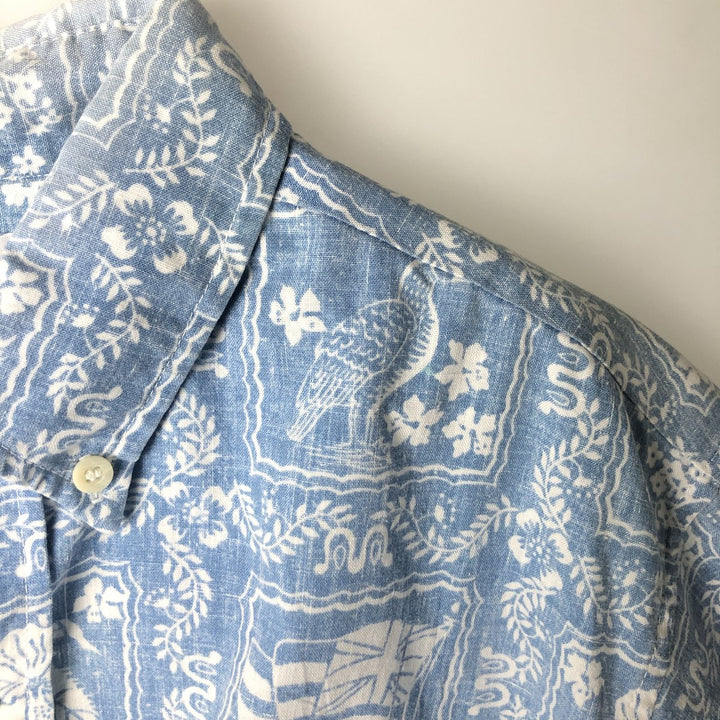 90'S Reyn Spooner swimwear, bikini tag, all-over print, Lahaina sailor, button-down, Hawaiian aloha shirt, boxy shirt cotton blue type Vintage Second Hand