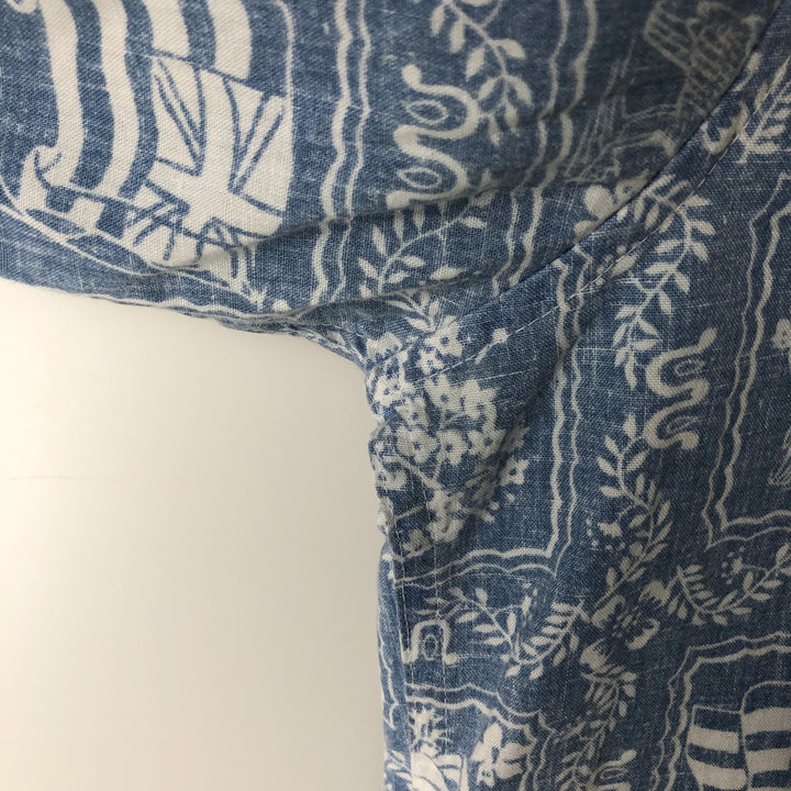 90'S Reyn Spooner swimwear, bikini tag, all-over print, Lahaina sailor, button-down, Hawaiian aloha shirt, boxy shirt cotton blue type Vintage Second Hand