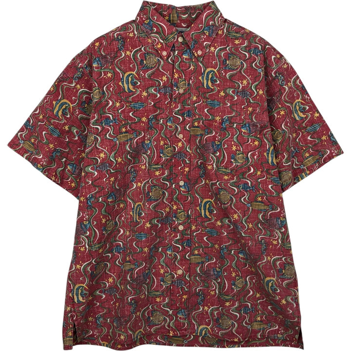 90'S Reyn Spooner Swimsuit Bikini Tag All-over Fish Print Button-down Aloha Shirt Box Shirt Made in USA Men's Size M cotton red type Vintage Second Hand