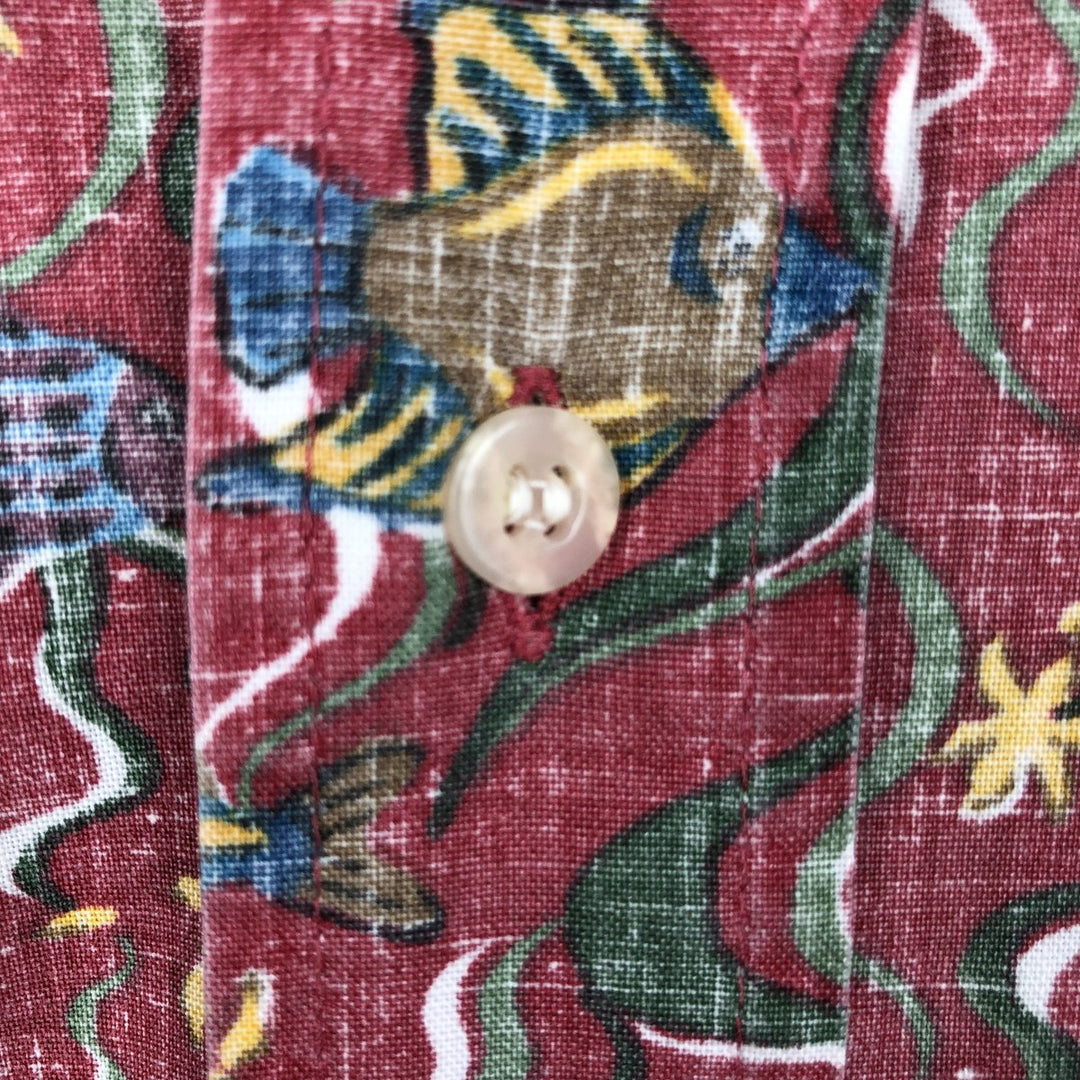 90'S Reyn Spooner Swimsuit Bikini Tag All-over Fish Print Button-down Aloha Shirt Box Shirt Made in USA Men's Size M cotton red type Vintage Second Hand